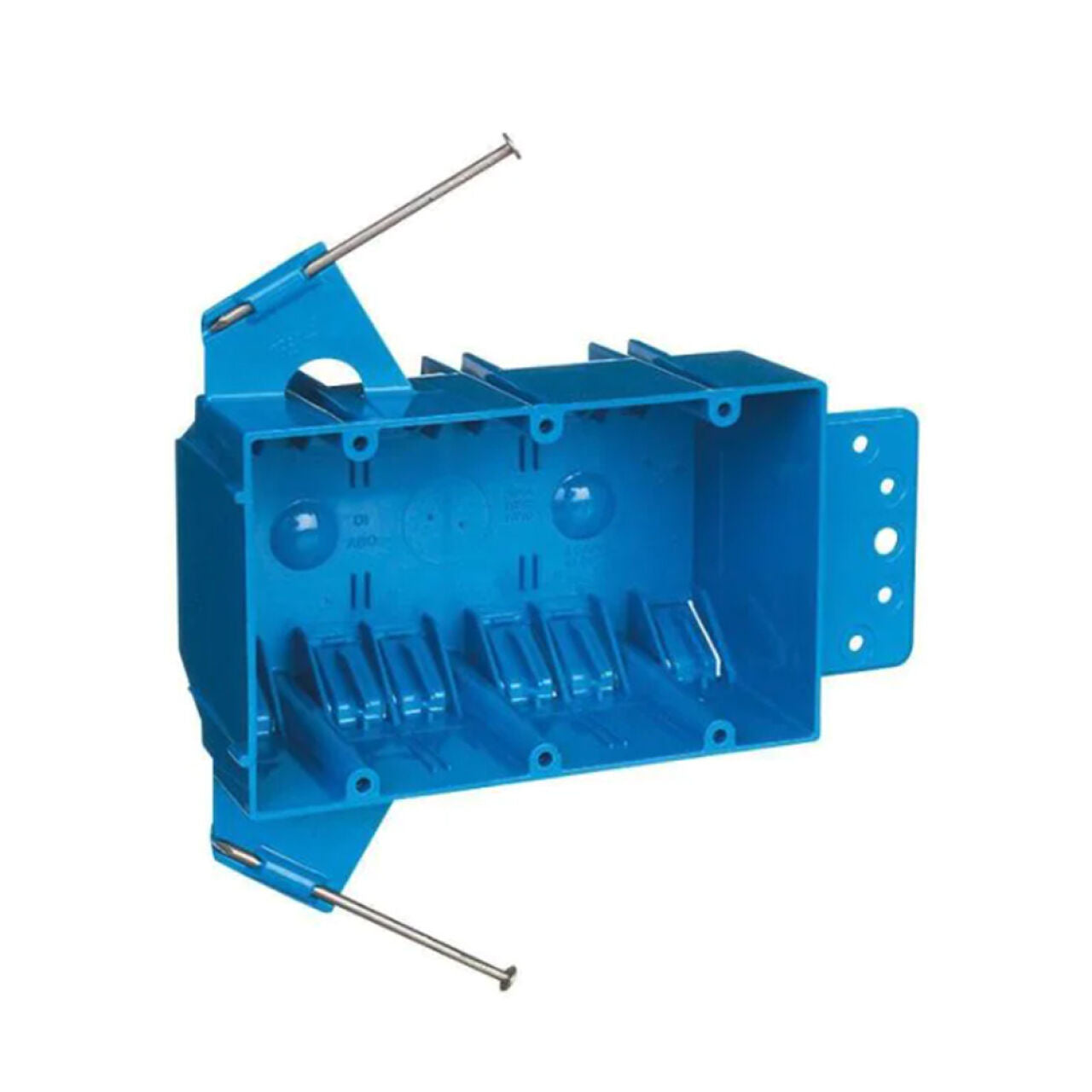 The Go Build 3-Gang 44 cu. in. PVC New Work Electrical Outlet Box features mounting nails and brackets for drywall installation, making it ideal for housing outlets or switches in residential projects.